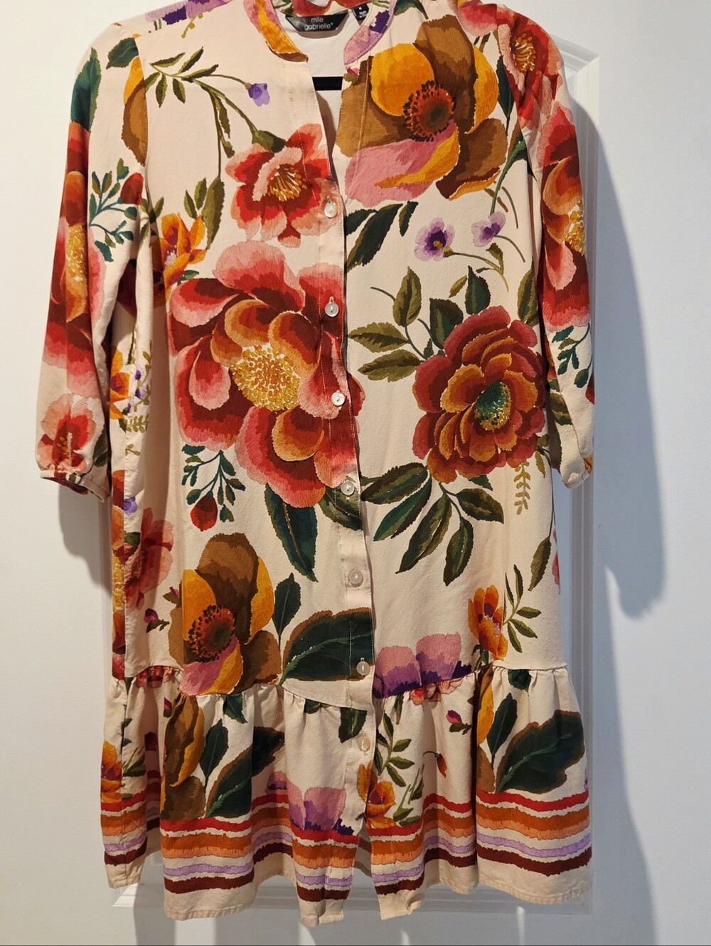 Floral Button-Front Midi Dress in Cream, Red & Mustard